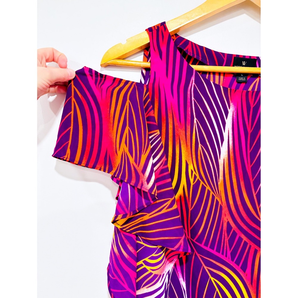 WORTHINGTON Purple orange leaf print cold shoulder top | Colorful | Large - Picture 2 of 7